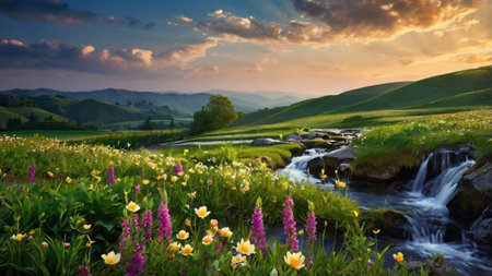 Beautiful spring landscape with wildflowers and mountain stream at sunsetの写真素材