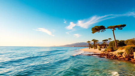 Beautiful seascape with pine trees on the coastの写真素材