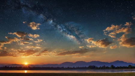 Milky Way over the lake and mountains in the background at sunsetの写真素材