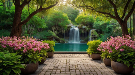Beautiful garden with waterfall and flowers. Panoramic view.の写真素材