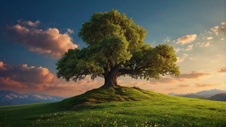 Old oak tree on a meadow at sunset, 3d render