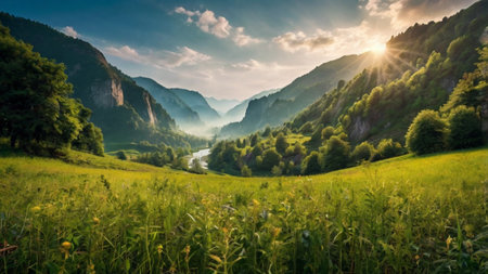 Beautiful summer landscape in the mountains. The river flows through the gorge.の写真素材