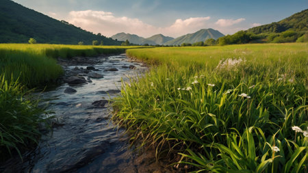 Beautiful summer landscape with mountain river and green grass on the foreground