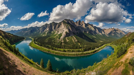 Panoramic view of the mountain lake in the Canadian Rockies.