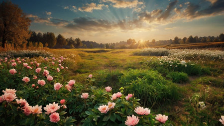Beautiful landscape with blooming peony flowers in the meadowの写真素材