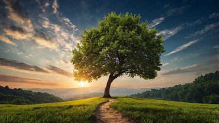 Green tree on meadow at sunset, panoramic view.の写真素材