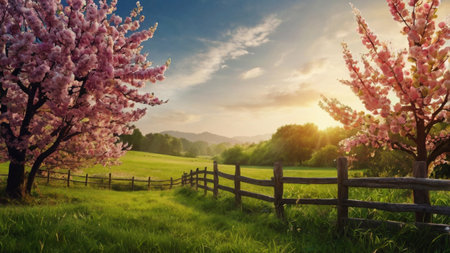 Beautiful spring landscape with cherry blossom trees and fence at sunsetの写真素材