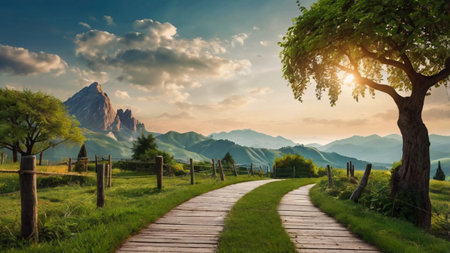Beautiful mountain landscape with a path and a tree in the foregroundの写真素材