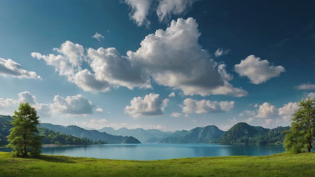 Panoramic view of beautiful alpine lake and blue sky with cloudsの写真素材