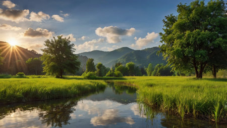 Beautiful sunset over a small river with green grass and mountains in the backgroundの写真素材