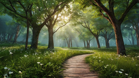 Pathway in the forest with green grass and flowers in the morning