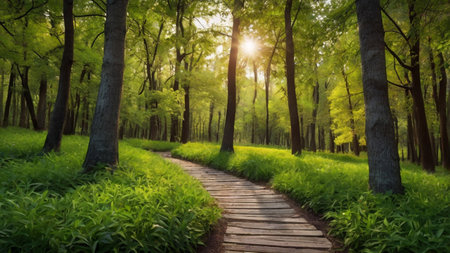 Path in the green forest with sunbeams. Nature background.の写真素材