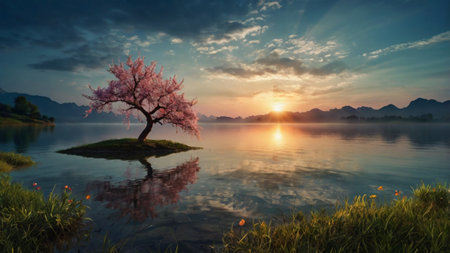 Cherry blossom tree on the lake at sunrise, panoramaの写真素材