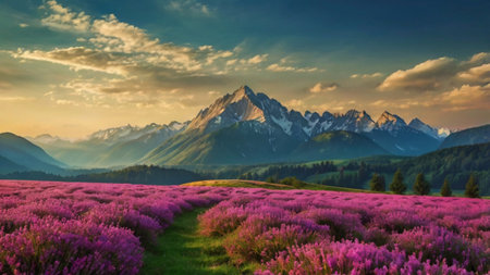 Beautiful summer landscape with blooming lavender field and mountain peaks.の写真素材