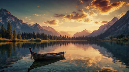 Mountain lake and wooden boat at sunset. Dramatic sky.の写真素材