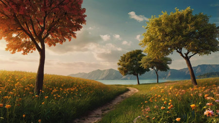 Beautiful landscape with trees and flowers in the meadow at sunsetの写真素材