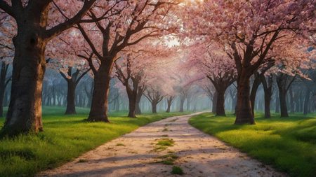 Cherry blossoms in full bloom along a dirt road in spring