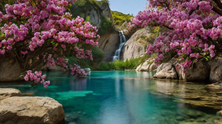 Azalea flowers in turquoise water of Plitvice Lakes National Park, Croatiaの写真素材