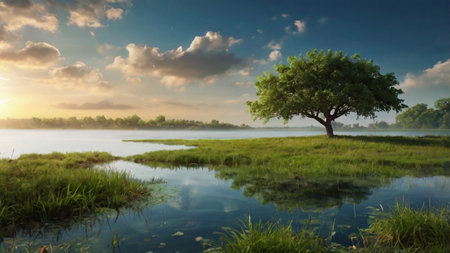 Beautiful landscape with a lonely tree on the river bank at sunsetの写真素材