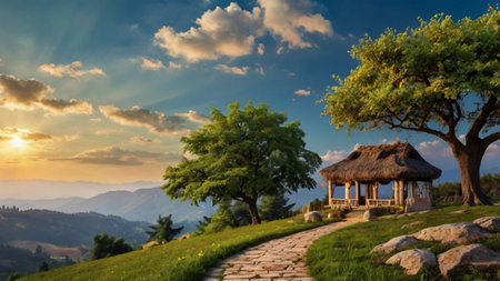 Beautiful sunset in the mountains. Panoramic view of a meadow and a pavilion.の写真素材