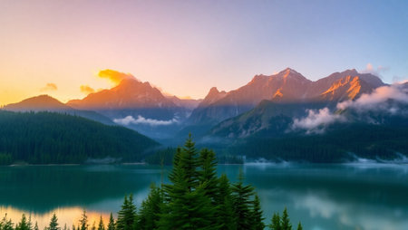 Sunrise over the lake in Banff National Park, Alberta, Canada