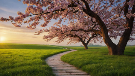 Cherry blossoms in bloom in the spring. Beautiful landscape.の写真素材