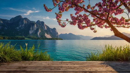 Wooden pier with blooming sakura flowers on Lake Lucerne, Switzerland