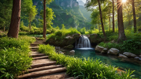 Wooden path leading to a waterfall in the mountains. Beautiful summer landscape.
