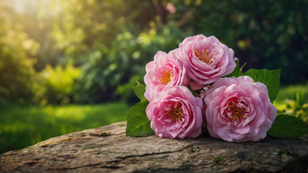 Pink rose flowers on a stone in the garden. Natural background.の写真素材