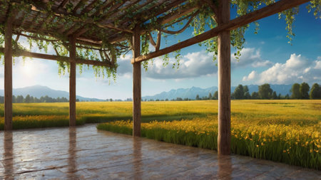 Landscape of rice field and wooden pergola with blue skyの写真素材