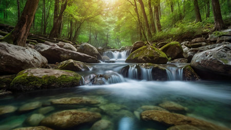 Beautiful waterfall in the green forest with rocks and clear water.