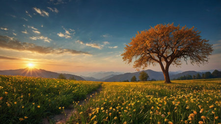 Lonely tree in the meadow at sunset, panoramic view