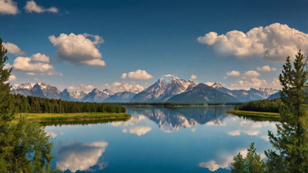 Mountains reflected in the lake, Teton National Park, Wyoming, USAの写真素材