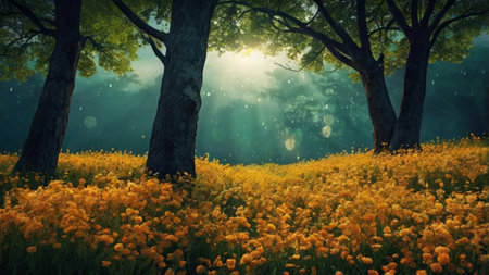 Spring landscape with yellow flowers and trees in the morning mist. 3d renderの写真素材