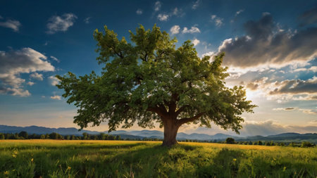 Oak tree on the meadow at sunset, Tuscany, Italy