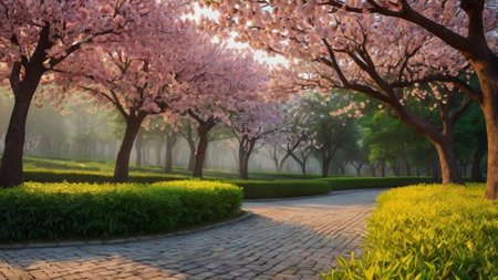 Cherry blossoms blooming in the park in springtime.