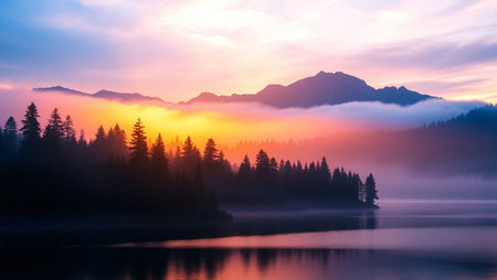 Sunrise over mountain lake with fog and forest in the foreground.の写真素材