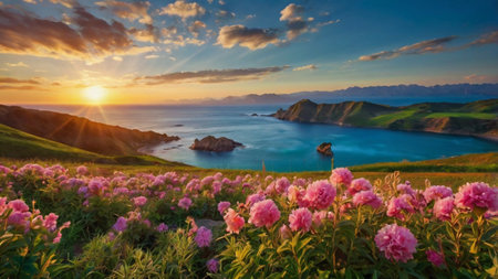 Beautiful seascape. Panoramic view of the sea with pink peonies at sunset.の写真素材