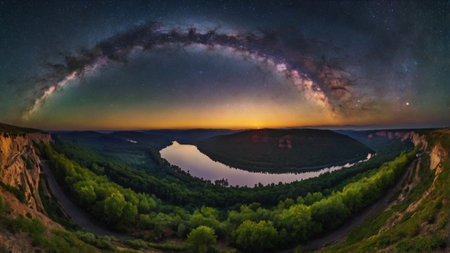 Milky Way over the river. Panoramic view from above.の写真素材