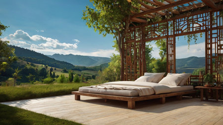 3d rendering of a beautiful terrace with a view of the mountainsの写真素材