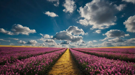 Beautiful field of pink flowers and blue sky with white clouds.の写真素材