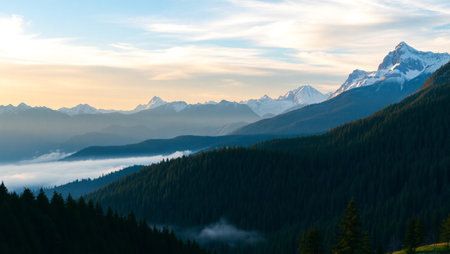 Mountain landscape with fog in the valley at sunrise. Beautiful view of the mountains.の写真素材
