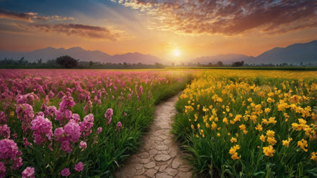Sunset over the meadow with daffodils and mountains