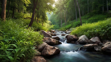 Beautiful mountain river in the summer forest. Beautiful nature background.