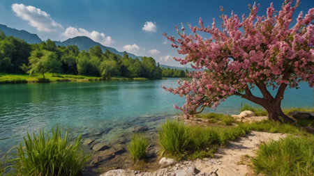 Panoramic view of a beautiful blooming tree on the bank of a mountain riverの写真素材