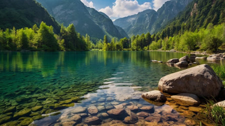 Beautiful mountain lake in the Alps. Landscape with clear water and stones.の写真素材