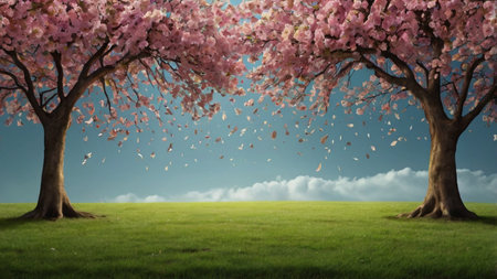 Cherry blossom tree with green grass and blue sky background.