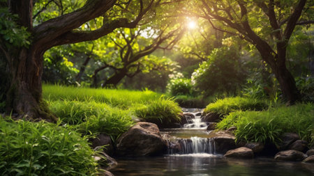 Beautiful waterfall in the green garden with sunlight, nature background.の写真素材