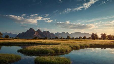 Landscape of a national park with mountains and a wetland.の写真素材
