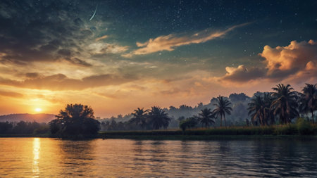 Landscape of Nile river at sunset, Luxor, Egypt.の写真素材